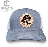 Mario Trucker Hat, leather patch hat, gray unisex trucker hat,