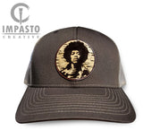 Jimi Hendrix hat, jimi trucker Hat, leather patch hat, cool hat, brown trucker hat, gift idea, guys hat, unisex hat, unique gift, music hat
