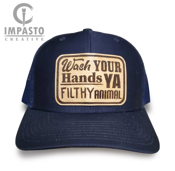 Wash your hands ya filthy animal leather patch hat, cool hat, trending –  Impasto Creative 93010