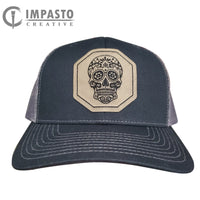 Sugar Skull Leather patch hat, skull design, cool hat, black and gray trucker hat, gift idea, unisex hat, unique gift, mens or womens hat