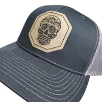 Sugar Skull Leather patch hat, skull design, cool hat, black and gray trucker hat, gift idea, unisex hat, unique gift, mens or womens hat