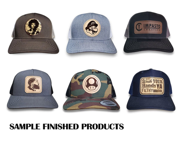 Custom Leather Engraved hat, trucker Hat, leather patch hat, your logo –  Impasto Creative 93010