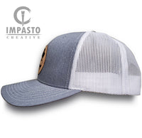 Mario Trucker Hat, leather patch hat, gray unisex trucker hat,